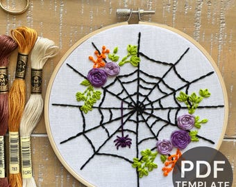 Motif de broderie main Halloween fleurs toile d&#39;araignée, modèle PDF téléchargeable