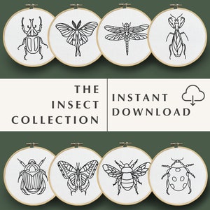 May include: Set of 8 black and white insect embroidery patterns. The patterns are in the shape of a beetle, butterfly, dragonfly, praying mantis, ladybug, bee, and two other butterflies. The patterns are in embroidery hoops.