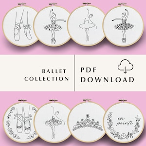 May include: A collection of eight embroidery hoops featuring ballet-themed designs. Each hoop showcases a different black and white illustration of ballet dancers, pointe shoes, and floral elements. The text "BALLET COLLECTION" and "PDF DOWNLOAD" are also included.
