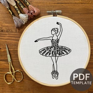 Ballerina with Rose Tutu hand embroidery pattern, downloadable PDF template