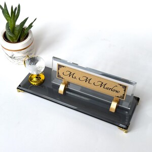 Personalized Desk Nameplate with Globe - Black and Gold Elegance Office Gift, Graduation Gift