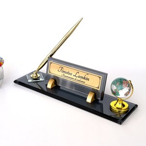 Personalized Desk Name Plate with Globe and Pen, Custom Office Desk Sign for Professionals, Doctors, Lawyers, Teachers Graduation