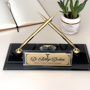 Personalized Desk Name Plate with Golden Pen Set and Clock, Custom Office Sign for Attorney, Graduation Gift