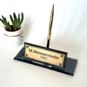 Desk Nameplate Custom, Crystal Office Desk Name Plate with Pen, Black Glass Nameplate for Office, Engraved Desk Nameplate, Office Nameplate