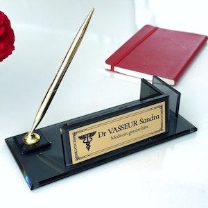 Custom Desk Name Plate with Business Card Holder and Pen, Black Glass Desk Name Plate, Business Card Holder, Glass Nameplate