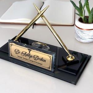Personalized Desk Name Plate with Business Card Holder, Crystal Bowl and Pens-Custom Office Sign for Attorney, Graduation Gift