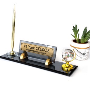 Personalized Black Glass Desk Name Plate with Pen and Color Globe | Custom Office Decor Gifts for Doctors and Lawyers | Office Accessories