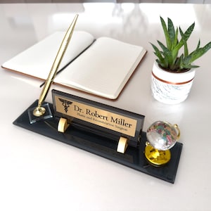 Personalized Doctor Desk Name Plate: Black Glass with Globe & Pen