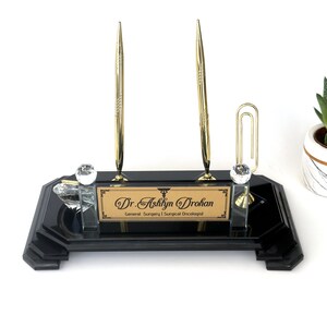 Personalized Nameplate for Desk with Pen Set and Big Paper Clip, Custom Desk Nameplate Black Glass, Graduation Gift, Doctor Gift