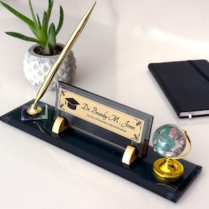 Personalized Glass Desk Name Plate for Doctor of Business Administration | Custom Office Name Sign with Globe & Pen | Gift for DBA Graduate