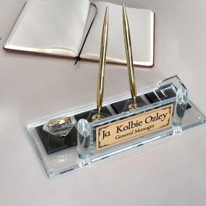 Custom Clear Glass Gold Desk Nameplate with Gold Pen Set, Business Card Holder and Pen Set, Business Card Holder and Clock, Graduation Gift