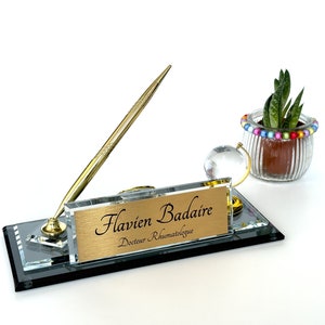 Custom Desk Name Plate with Pen Holder, Personalized Nameplate for Desk, Crystal Globe and Nameplate with Fountain Pen Set, Office Decor