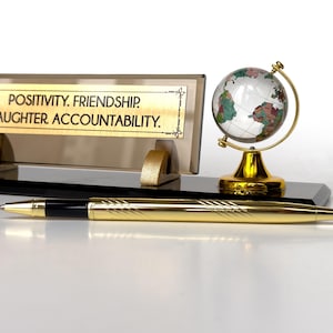 Personalized Desk Name Plate with Color Globe and Golden Pen, Custom Office Desk Sign for Doctors, Name plate for Attorney, CEO Office Gift