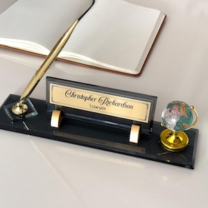 Personalized Black Glass Desk Name Plate with Pen | Custom Office Decor Gifts for Doctors and Lawyers | Stylish Office Gift Ideas