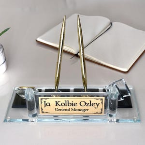 Custom Clear Glass Gold Desk Nameplate with Gold Pen Set, Business Card Holder and Pen Set, Business Card Holder and Clock, Graduation Gift