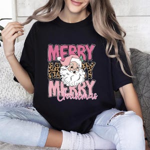 Comfort Colors Leopard Merry Christmas Shirt, Pink Christmas Shirt, Retro Christmas Shirt, Santa Claus Shirt, Christmas Party Shirt