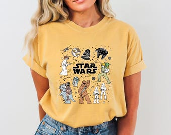 Comfort Colors Retro Star Wars Characters Group Shirt, Disney Shot Constellation Doodle T-shirt, Galaxy&#39;S Edge Tee, Star Wars Shirt