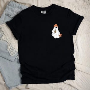 Comfort Colors Little Ghost Ice Coffee Shirt, Cute Ghost Shirt, Ghost Pocket Tee, Ghost Shirt, Halloween Tshirts, Halloween Ghost Shirt