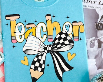 Preppy Teacher Coquette Png, Retro Teacher Png, Custom Preppy Teacher Png Design, Everyday Png, Pencil Bow, Trendy Teacher Png, Teacher Gift