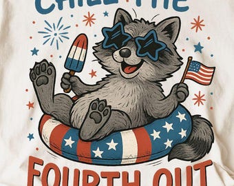 Chill the Fourth Out PNG, Mapache Patriótico Divertido PNG, Humor del 4 de Julio PNG, Vibras Retro de EE. UU. Día de la Independencia Mapache Verano PNG Sublimación