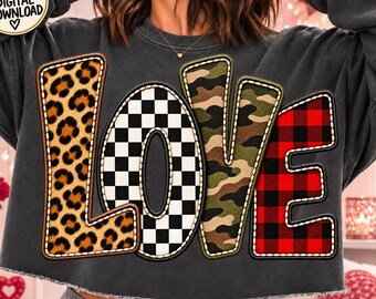 LOVE PNG Cheetah Valentine Design Distressed Camo Plaid Sublimation Vintage Vday DTF Trendy Ready To Print Girly Shirt Popular Now Png