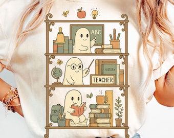 Librarian Png Sublimation Design, Bookshelf Png, Boo Ghost Reading Book Png, Cute Library PNG, Retro Teacher Png, Gift For Library Teacher