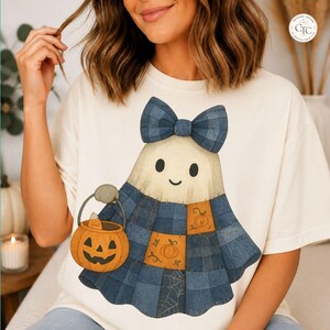 Preppy Ghost Halloween Coquette Denim Png Trendy Patchwork Spooky Season Girly Cute Boo Fall Pumpkin Digital Download DTF POD Sublimation