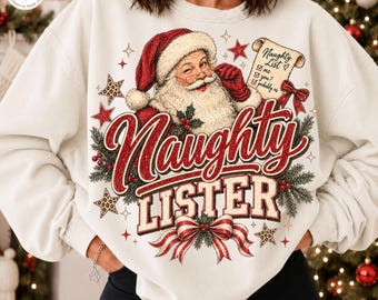 Lustiges Retro-Weihnachts-Sweatshirt mit frechem Lister (PNG-Format) – ideal als Geschenkidee. Print-on-Demand- und Sublimationsdruck-Option.