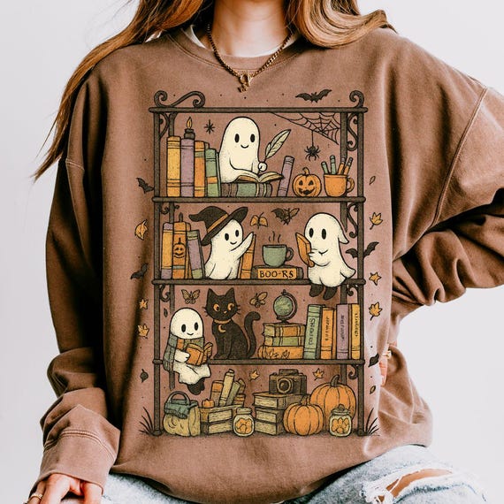 Retro Halloween Bookshelf Png, Boo Ghost Reading Book Png, Cute Halloween PNG, Halloween Book Png, Halloween Sublimation Design, Library Png