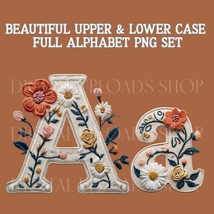 Preppy Floral Alphabet Png Bundle, Upper Lower Case Letters, Grand Millennial Faux Embroidery Png, Retro Cute Font, Boho Fall Alphabet Png