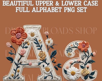 Preppy Floral Alphabet Png Bundle, Upper Lower Case Letters, Grand Millennial Faux Embroidery, Retro Cute Font, Boutique Png, Mothers Day