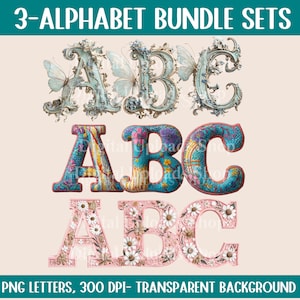 Conjunto de alfabetos, 3 conjuntos de letras PNG, clipart del gran alfabeto milenario, diseño de alfabeto PNG de cumpleaños preppy, regalo del Día de la Madre PNG