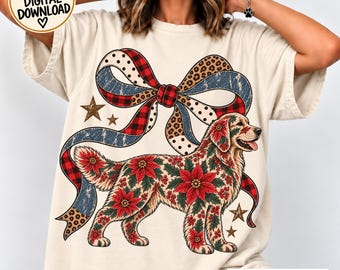 Golden Retriever PNG, Vintage Dog Coquette Bow, Leopard Plaid Ribbon, Dog Lover Birthday T-Shirt Sublimation DTF, Dog Mom Christmas Gift