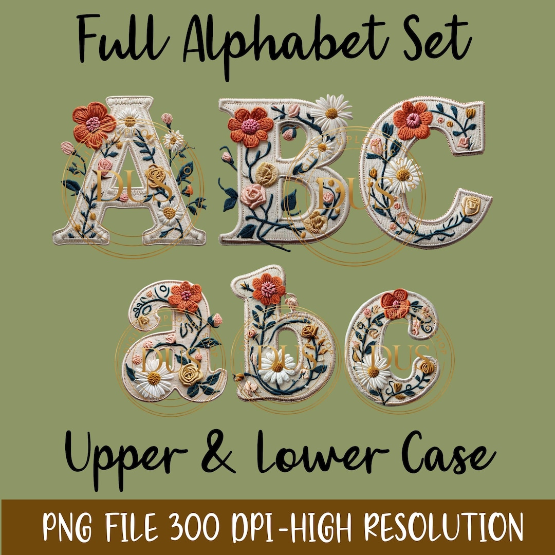 Preppy Floral Alphabet PNG, Upper Lower Case Letters, Faux Embroidery ...