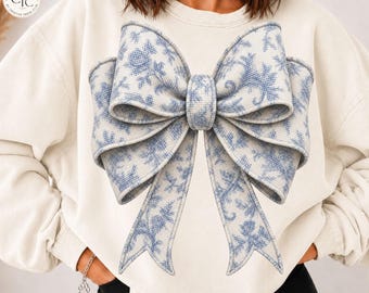 Kokettes florales Schleifenmotiv (PNG) – Blaues Toile-de-Jouy-Imitat-Juteband mit Struktur – Digitaler Download, Trendiges Herbst-Sweatshirt für Damen – Grafikdesign – Weihnachtsgeschenk