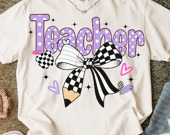 Preppy Lehrerin Kokette Png, Lehren Lila Png, benutzerdefinierte Preppy Lehrerin Png Design, Alltag Png, Bleistift Bogen, karierte Sublimation, Schule Png