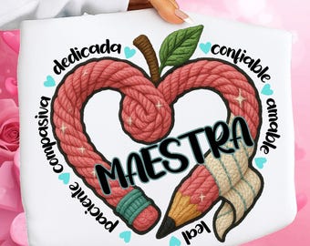 Valentine Maestra PNG, Faux Chenille Latch Hook Clipart, Tufted Yarn Patch Sublimation Design, Spanish Subject Teacher V-Day Sweatshirt Gift