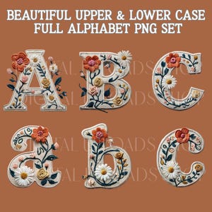 Preppy Floral Alphabet Png Bundle, Upper Lower Case Letters, Grand Millennial Faux Embroidery Png, Retro Cute Font, Boho Fall Alphabet Png