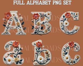 Preppy Floral Alphabet Png Bundle, Upper Lower Case Letters, Grand Millennial Faux Embroidery Sublimation, Retro Cute Font, Boho Flowers DTF