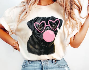 Black Pug Dog Png Valentine Gift For Dog Mom, Dog Blowing Bubble Gum, Pug T-shirt, Pug Owner Shirt