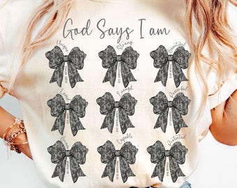 Diseño de camiseta de empoderamiento femenino, PNG motivacional, Dios dice "Yo soy", Lazo de camuflaje coqueto, Jesús, Fe, Salmos PNG, Versículo bíblico, Bolsas cristianas