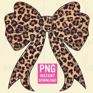 May include: A large bow with a leopard print design. The bow is tan with brown spots and has long, flowing tails. A pink square with the text "PNG INSTANT DOWNLOAD" is in the lower center.