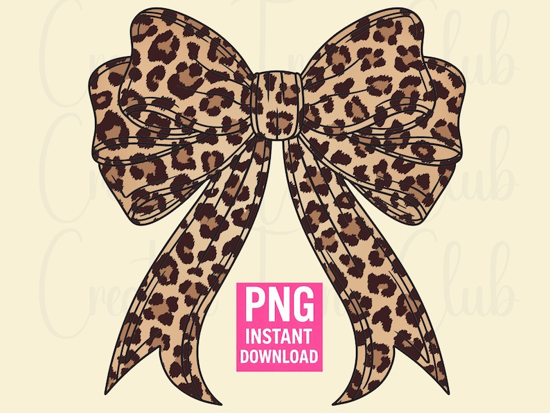 May include: A large bow with a leopard print design. The bow is tan with brown spots and has long, flowing tails. A pink square with the text "PNG INSTANT DOWNLOAD" is in the lower center.