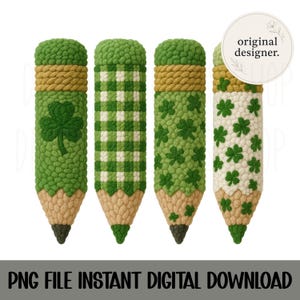 May include: Four decorative pencil designs with green and tan color schemes. The pencils feature various patterns, including shamrocks and plaid. The text "PNG FILE INSTANT DIGITAL DOWNLOAD" is at the bottom, and the text "original designer" is in a circle.