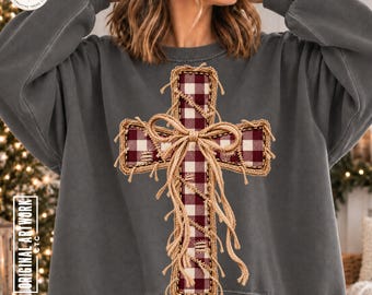 Patchwork Cross PNG Christian Trendy Bow Digital Download Christmas Church Faith Thanksgiving Burgundy Plaid Fall Sublimation Jesus Shirt
