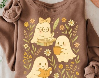 Retro Halloween Bookshelf Png, Boo Ghost Reading Book Png, Cute Everyday PNG, Halloween Book Png, Halloween Sublimation Design, Library Png