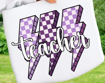 Retro Teacher Lightning Bolt PNG, Colorful Checkered Back To School Design (Digital Download)