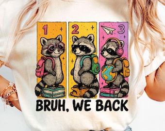 Bruh We Back PNG, tvättbjörn tillbaka till skolan png, retro tvättbjörnshumor första dagen png, lärarpresent sublimering trendig söt rolig skolvibbar