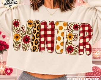 WINTER PNG Trendy Fall Patchwork Design Leopard Floral Plaid Sublimation Dtf Popular Now Png Christmas Gift Cozy Season Sweatshirt Design