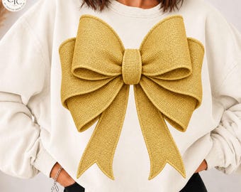 Coquette Bow PNG, Yellow Faux Burlap Ribbon Textured Digital Download, Trendy Fall Women’s Sweatshirt Shirt Graphic Design Christmas Gift